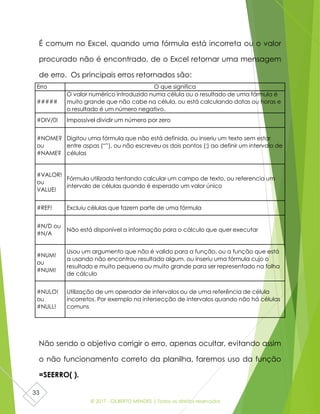 © 2017 - GILBERTO MENDES | Todos os direitos reservados
33
É comum no Excel, quando uma fórmula está incorreta ou o valor
procurado não é encontrado, de o Excel retornar uma mensagem
de erro. Os principais erros retornados são:
Não sendo o objetivo corrigir o erro, apenas ocultar, evitando assim
o não funcionamento correto da planilha, faremos uso da função
=SEERRO( ).
Erro O que significa
#####
O valor numérico introduzido numa célula ou o resultado de uma fórmula é
muito grande que não cabe na célula, ou está calculando datas ou horas e
o resultado é um número negativo.
#DIV/0! Impossível dividir um número por zero
#NOME?
ou
#NAME?
Digitou uma fórmula que não está definida, ou inseriu um texto sem estar
entre aspas (“”), ou não escreveu os dois pontos (:) ao definir um intervalo de
células
#VALOR!
ou
VALUE!
Fórmula utilizada tentando calcular um campo de texto, ou referencia um
intervalo de células quando é esperado um valor único
#REF! Excluiu células que fazem parte de uma fórmula
#N/D ou
#N/A
Não está disponível a informação para o cálculo que quer executar
#NUM!
ou
#NUM!
Usou um argumento que não é valido para a função, ou a função que está
a usando não encontrou resultado algum, ou inseriu uma fórmula cujo o
resultado e muito pequeno ou muito grande para ser representado na folha
de cálculo
#NULO!
ou
#NULL!
Utilização de um operador de intervalos ou de uma referência de célula
incorretos. Por exemplo na intersecção de intervalos quando não há células
comuns
 