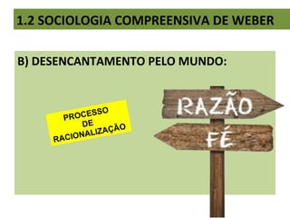 1.2 SOCIOLOGIA COMPREENSIVA DE WEBER
B) DESENCANTAMENTO PELO MUNDO:
PROCESSO
DE
RACIONALIZAÇÃO
 