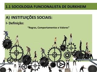 A) INSTITUIÇÕES SOCIAIS:
I- Definição:
“Regras, Comportamentos e Valores”
1.1 SOCIOLOGIA FUNCIONALISTA DE DURKHEIM
 