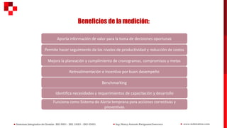 Beneficios de la medición:
Funciona como Sistema de Alerta temprana para acciones correctivas y
preventivas
Aporta información de valor para la toma de decisiones oportunas
Identifica necesidades y requerimientos de capacitación y desarrollo
Permite hacer seguimiento de los niveles de productividad y reducción de costos
Mejora la planeación y cumplimiento de cronogramas, compromisos y metas
Retroalimentación e Incentivo por buen desempeño
Benchmarking
 