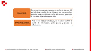 Se convienen cuantas evaluaciones se harán dentro del
periodo de prestación del servicio y en que momento. Por
ejemplo, cada mes, bimestre, año, a la entrega o durante
la ejecución del producto o servicio.
PRIORICIDAD:
Para poder efectuar el cálculo, es necesario definir la
fuente de información, quién genera y procesa la
información.
DATOS REQUERIDOS:
 