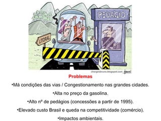 Problemas
•Má condições das vias / Congestionamento nas grandes cidades.
•Alta no preço da gasolina.
•Alto nº de pedágios (concessões a partir de 1995).
•Elevado custo Brasil e queda na competitividade (comércio).
•Impactos ambientais.
 