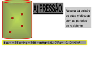 Resulta da colisão
de suas moléculas
com as paredes
do recipiente
1 atm = 76 cmHg = 760 mmHg=1,0.105
Pa=1,0.105
N/m²
 