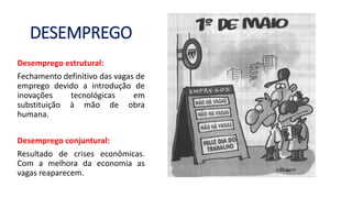 DESEMPREGO
Desemprego estrutural:
Fechamento definitivo das vagas de
emprego devido a introdução de
inovações tecnológicas em
substituição à mão de obra
humana.
Desemprego conjuntural:
Resultado de crises econômicas.
Com a melhora da economia as
vagas reaparecem.
 