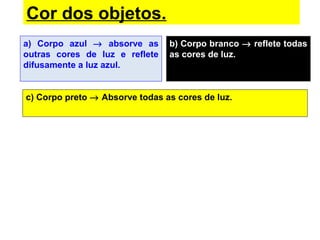 a) Corpo azul → absorve as
outras cores de luz e reflete
difusamente a luz azul.
b) Corpo branco → reflete todas
as cores de luz.
c) Corpo preto → Absorve todas as cores de luz.
Cor dos objetos.
 
