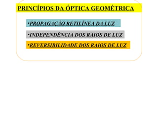 PRINCÍPIOS DA ÓPTICA GEOMÉTRICA
•PROPAGAÇÃO RETILÍNEA DA LUZ
•INDEPENDÊNCIA DOS RAIOS DE LUZ
•REVERSIBILIDADE DOS RAIOS DE LUZ
 