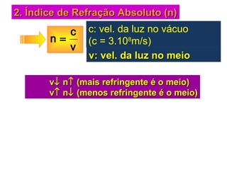 2. Índice de Refração Absoluto (n)2. Índice de Refração Absoluto (n)
v
c
n =
c: vel. da luz no vácuo
(c = 3.108
m/s)
v: vel. da luz no meiov: vel. da luz no meio
vv↓↓ nn↑↑ (mais refringente é o meio)(mais refringente é o meio)
vv↑↑ nn↓↓ (menos refringente é o meio)(menos refringente é o meio)
 