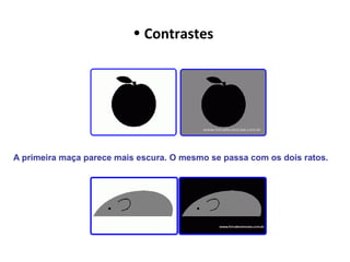 • Contrastes
A primeira maça parece mais escura. O mesmo se passa com os dois ratos.
 