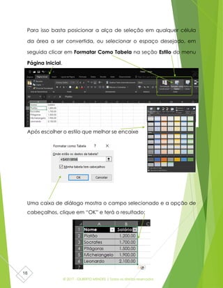 © 2017 - GILBERTO MENDES | Todos os direitos reservados
18
Para isso basta posicionar a alça de seleção em qualquer célula
da área a ser convertida, ou selecionar o espaço desejado, em
seguida clicar em Formatar Como Tabela na seção Estilo do menu
Página Inicial.
Após escolher o estilo que melhor se encaixe
Uma caixa de diálogo mostra o campo selecionado e a opção de
cabeçalhos, clique em “OK” e terá o resultado:
 