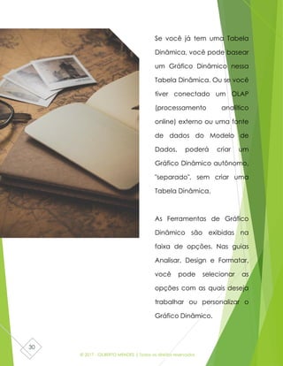 © 2017 - GILBERTO MENDES | Todos os direitos reservados
30
Se você já tem uma Tabela
Dinâmica, você pode basear
um Gráfico Dinâmico nessa
Tabela Dinâmica. Ou se você
tiver conectado um OLAP
(processamento analítico
online) externo ou uma fonte
de dados do Modelo de
Dados, poderá criar um
Gráfico Dinâmico autônomo,
"separado", sem criar uma
Tabela Dinâmica.
As Ferramentas de Gráfico
Dinâmico são exibidas na
faixa de opções. Nas guias
Analisar, Design e Formatar,
você pode selecionar as
opções com as quais deseja
trabalhar ou personalizar o
Gráfico Dinâmico.
 