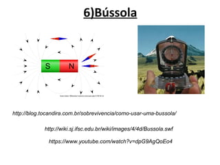 6)Bússola
http://wiki.sj.ifsc.edu.br/wiki/images/4/4d/Bussola.swf
https://www.youtube.com/watch?v=dpG9AgQoEo4
http://blog.tocandira.com.br/sobrevivencia/como-usar-uma-bussola/
 