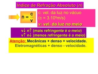 Índice de Refração Absoluto (n)Índice de Refração Absoluto (n)
v
c
n =
c: vel. da luz no vácuo
(c = 3.108
m/s)
v: vel. da luz no meiov: vel. da luz no meio
vv↓↓ nn↑↑ (mais refringente é o meio)(mais refringente é o meio)
vv↑↑ nn↓↓ (menos refringente é o meio)(menos refringente é o meio)
Atenção: Mecânicas + denso + velocidade.
Eletromagnéticas + denso - velocidade.
 