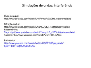 Simulações de ondas: interferência
Cuba de água:
http://www.youtube.com/watch?v=5PmnaPvAvQY&feature=related
Difração da luz:
http://www.youtube.com/watch?v=gAKGCtOi_4o&feature=related
Ressonância:
Taça http://www.youtube.com/watch?v=qy1c5_vYTVo&feature=related
Tacoma:http://www.youtube.com/watch?v=dvRHK4yA8rc
Batimentos:
http://www.youtube.com/watch?v=UitcHO8PYt8&playnext=1
&list=PLBF15308D9EBEFEAE
 