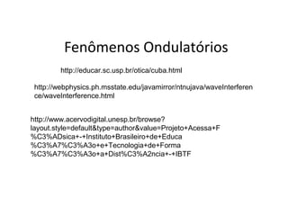 Fenômenos Ondulatórios
http://educar.sc.usp.br/otica/cuba.html
http://webphysics.ph.msstate.edu/javamirror/ntnujava/waveInterferen
ce/waveInterference.html
http://www.acervodigital.unesp.br/browse?
layout.style=default&type=author&value=Projeto+Acessa+F
%C3%ADsica+-+Instituto+Brasileiro+de+Educa
%C3%A7%C3%A3o+e+Tecnologia+de+Forma
%C3%A7%C3%A3o+a+Dist%C3%A2ncia+-+IBTF
 