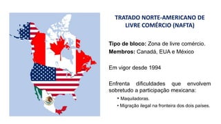 Tipo de bloco: Zona de livre comércio.
Membros: Canadá, EUA e México
Em vigor desde 1994
Enfrenta dificuldades que envolvem
sobretudo a participação mexicana:
• Maquiladoras.
• Migração ilegal na fronteira dos dois países.
TRATADO NORTE-AMERICANO DE
LIVRE COMÉRCIO (NAFTA)
 