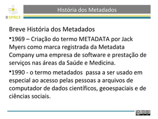 História dos Metadados


Breve História dos Metadados
1969 – Criação do termo METADATA por Jack
Myers como marca registrada da Metadata
Company uma empresa de software e prestação de
serviços nas áreas da Saúde e Medicina.
1990 - o termo metadados passa a ser usado em
especial ao acesso pelas pessoas a arquivos de
computador de dados científicos, geoespaciais e de
ciências sociais.
 