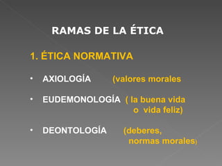 RAMAS DE LA ÉTICA 1. ÉTICA NORMATIVA AXIOLOGÍA (valores morales EUDEMONOLOGÍA ( la buena vida o vida feliz) DEONTOLOGÍA (deberes, normas morales )