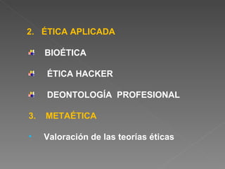 2. ÉTICA APLICADA BIOÉTICA ÉTICA HACKER DEONTOLOGÍA PROFESIONAL 3. METAÉTICA Valoración de las teorías éticas