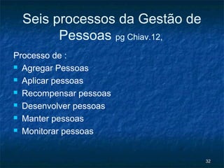 Seis processos da Gestão de
       Pessoas pg Chiav.12,
Processo de :
 Agregar Pessoas

 Aplicar pessoas

 Recompensar pessoas

 Desenvolver pessoas

 Manter pessoas

 Monitorar pessoas




                               32
 