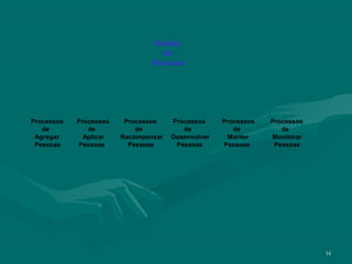Gestão
                                  de
                                Pessoas




Processos   Processos    Processos    Processos     Processos   Processos
   de          de           de           de            de          de
 Agregar      Aplicar   Recompensar   Desenvolver    Manter     Monitorar
 Pessoas    Pessoas       Pessoas      Pessoas      Pessoas      Pessoas




                                                                            34
 
