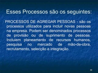 Esses Processos são os seguintes:
‧ PROCESSOS DE AGREGAR PESSOAS - são os
 processos utilizados para incluir novas pessoas
 na empresa. Podem ser denominados processos
 de provisão ou de suprimento de pessoas.
 Incluiem planeamento de recursos humanos,
 pesquisa no mercado de mão-de-obra,
 recrutamento, selecção e integração.




                                               36
 
