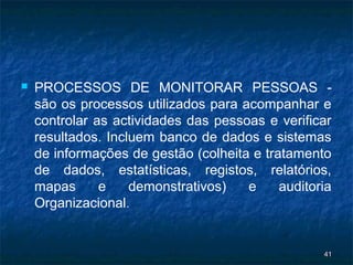    PROCESSOS DE MONITORAR PESSOAS -
    são os processos utilizados para acompanhar e
    controlar as actividades das pessoas e verificar
    resultados. Incluem banco de dados e sistemas
    de informações de gestão (colheita e tratamento
    de dados, estatísticas, registos, relatórios,
    mapas      e    demonstrativos)   e     auditoria
    Organizacional.


                                                   41
 