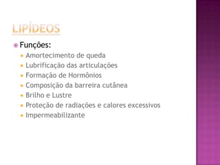  Funções:
 Amortecimento de queda
 Lubrificação das articulações
 Formação de Hormônios
 Composição da barreira cutânea
 Brilho e Lustre
 Proteção de radiações e calores excessivos
 Impermeabilizante
 