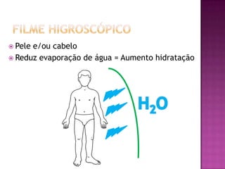  Pele e/ou cabelo
 Reduz evaporação de água = Aumento hidratação
 
