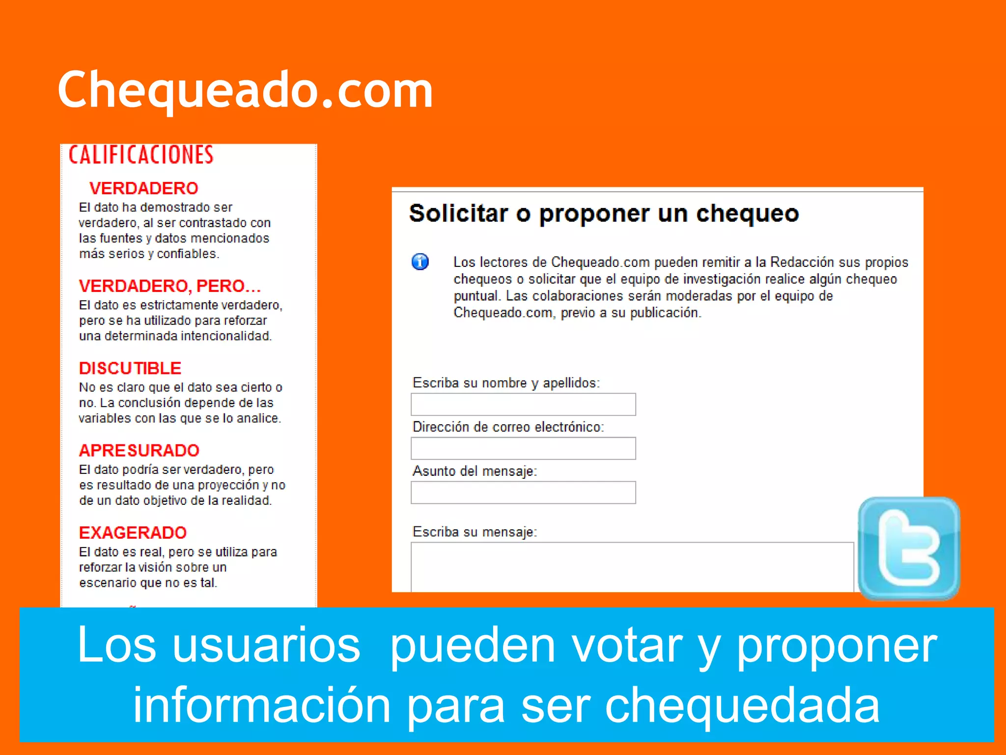Chequeado.com
Los usuarios pueden votar y proponer
información para ser chequedada
 