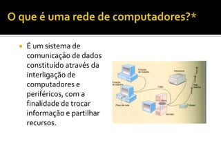 

É um sistema de
comunicação de dados
constituído através da
interligação de
computadores e
periféricos, com a
finalidade de trocar
informação e partilhar
recursos.

 