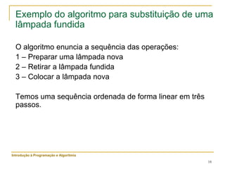 18
Exemplo do algoritmo para substituição de uma
lâmpada fundida
O algoritmo enuncia a sequência das operações:
1 – Preparar uma lâmpada nova
2 – Retirar a lâmpada fundida
3 – Colocar a lâmpada nova
Temos uma sequência ordenada de forma linear em três
passos.
Introdução à Programação e Algoritmia
 