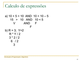 42
Calculo de expressões
a) 10 + 5 > 10 AND 10 < 10 – 5
15 > 10 AND 10 < 5
V AND F
F
b) R = 3; Y=2
R * Y / 2
3 * 2 / 2
6 / 2
3
Introdução à Programação e Algoritmia
 