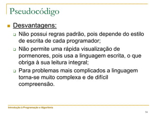 54
 Desvantagens:
 Não possui regras padrão, pois depende do estilo
de escrita de cada programador;
 Não permite uma rápida visualização de
pormenores, pois usa a linguagem escrita, o que
obriga à sua leitura integral;
 Para problemas mais complicados a linguagem
torna-se muito complexa e de difícil
compreensão.
Pseudocódigo
Introdução à Programação e Algoritmia
 