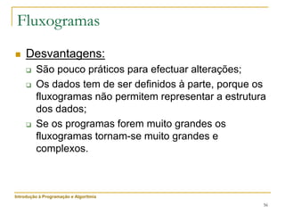 56
 Desvantagens:
 São pouco práticos para efectuar alterações;
 Os dados tem de ser definidos à parte, porque os
fluxogramas não permitem representar a estrutura
dos dados;
 Se os programas forem muito grandes os
fluxogramas tornam-se muito grandes e
complexos.
Fluxogramas
Introdução à Programação e Algoritmia
 