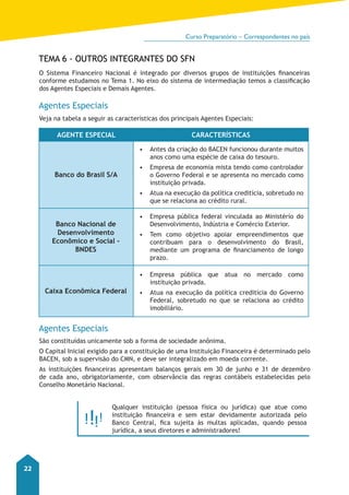 Curso Preparatório – Correspondentes no país 
22 
tema 6 - Outros Integrantes do SFN 
O Sistema Financeiro Nacional é integrado por diversos grupos de instituições financeiras 
conforme estudamos no Tema 1. No eixo do sistema de intermediação temos a classificação 
dos Agentes Especiais e Demais Agentes. 
Agentes Especiais 
Veja na tabela a seguir as características dos principais Agentes Especiais: 
Agente especial características 
Banco do Brasil S/A 
Banco Nacional de 
Desenvolvimento 
Econômico e Social - 
BNDES 
Caixa Econômica Federal 
Agentes Especiais 
• Antes da criação do BACEN funcionou durante muitos 
anos como uma espécie de caixa do tesouro. 
• Empresa de economia mista tendo como controlador 
o Governo Federal e se apresenta no mercado como 
instituição privada. 
• Atua na execução da política creditícia, sobretudo no 
que se relaciona ao crédito rural. 
• Empresa pública federal vinculada ao Ministério do 
Desenvolvimento, Indústria e Comércio Exterior. 
• Tem como objetivo apoiar empreendimentos que 
contribuam para o desenvolvimento do Brasil, 
mediante um programa de financiamento de longo 
prazo. 
• Empresa pública que atua no mercado como 
instituição privada. 
• Atua na execução da política creditícia do Governo 
Federal, sobretudo no que se relaciona ao crédito 
imobiliário. 
São constituídas unicamente sob a forma de sociedade anônima. 
O Capital Inicial exigido para a constituição de uma Instituição Financeira é determinado pelo 
BACEN, sob a supervisão do CMN, e deve ser integralizado em moeda corrente. 
As instituições financeiras apresentam balanços gerais em 30 de junho e 31 de dezembro 
de cada ano, obrigatoriamente, com observância das regras contábeis estabelecidas pelo 
Conselho Monetário Nacional. 
Qualquer instituição (pessoa física ou jurídica) que atue como 
instituição financeira e sem estar devidamente autorizada pelo 
Banco Central, fica sujeita às multas aplicadas, quando pessoa 
jurídica, a seus diretores e administradores! 
 