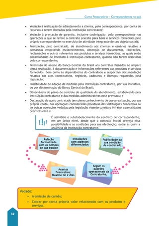 Curso Preparatório – Correspondentes no país 
32 
• Vedação à realização de adiantamento a cliente, pelo correspondente, por conta de 
recursos a serem liberados pela instituição contratante; 
• Vedação à prestação de garantia, inclusive coobrigação, pelo correspondente nas 
operações a que se refere o contrato (exceto para bens e serviços fornecidos pelo 
próprio correspondente no exercício de atividade integrante de seu objeto social); 
• Realização, pelo contratado, de atendimento aos clientes e usuários relativo a 
demandas envolvendo esclarecimentos, obtenção de documentos, liberações, 
reclamações e outros referentes aos produtos e serviços fornecidos, as quais serão 
encaminhadas de imediato à instituição contratante, quando não forem resolvidas 
pelo correspondente; 
• Permissão de acesso do Banco Central do Brasil aos contratos firmados ao amparo 
desta resolução, à documentação e informações referentes aos produtos e serviços 
fornecidos, bem como às dependências do contratado e respectiva documentação 
relativa aos atos constitutivos, registros, cadastros e licenças requeridos pela 
legislação; 
• Possibilidade de adoção de medidas pela instituição contratante, por sua iniciativa, 
ou por determinação do Banco Central do Brasil; 
• Observância do plano de controle de qualidade do atendimento, estabelecido pela 
instituição contratante e das medidas administrativas nele previstas; e 
• Declaração de que o contratado tem pleno conhecimento de que a realização, por sua 
própria conta, das operações consideradas privativas das instituições financeiras ou 
de outras operações vedadas pela legislação vigente sujeita o infrator a penalidades 
previstas em Lei. 
É admitido o substabelecimento do contrato de correspondente, 
em um único nível, desde que o contrato inicial preveja essa 
possibilidade e as condições para sua efetivação, entre as quais a 
anuência da instituição contratante. 
Relação 
formalizada 
com as pessoas 
de sua equipe 
Instalações 
com aspectos 
diferenciados 
Acertos 
financeiros: 
Máximo de 2 dias 
Publicidade da 
sua condição 
de contratado 
Seguir os 
padrões 
operacionais da 
Contratante. 
Vedado: 
• A emissão de carnês; 
• Cobrar por conta própria valor relacionado com os produtos e 
serviços. 
 