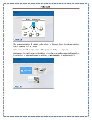 MODULO 1
Estos sistemas operativos de trabajo está el primero es Windows 8 es el sistema operativo más
reciente para estaciones de trabajo
El sistema más reciente para servidores es Windows server 2012 y no es lo mismo
Ubuntu es un sistema operativo mantenido por canon y la comunidad de desarrolladores utilizan
un núcleo Linux su origen está basado en debla Mac os x Snow leopard es la séptima versión.
 