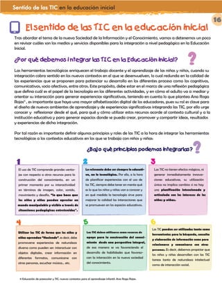 Sentido de las TIC en la educación inicial
16
El sentido de las TIC en la educación inicial
Tras abordar el tema de la nueva Sociedad de la Información y el Conocimiento, vamos a detenernos un poco
en revisar cuáles son los medios y servicios disponibles para la integración a nivel pedagógico en la Educación
Inicial.
¿Por qué debemos i ntegrar las TIC en la Educación inicial?
Las herramientas tecnológicas enriquecen el trabajo docente y el aprendizaje de las niñas y niños, cuando su
integración cobra sentido en los nuevos contextos en el que se desenvuelven, lo cual redunda en la calidad de
las experiencias que se proponen para potenciar su desarrollo en los diferentes proceso como los cognitivos,
comunicativos, socio afectivos, entre otros. Este propósito, debe estar en el marco de una reflexión pedagógica
que defina cuál es el papel de la tecnología en las diferentes actividades, y en cómo el adulto va a mediar y
orientar su interacción para generar experiencias significativas, teniendo en cuenta lo que plantea Ana Roga
Rojas11
, es importante que haya una mayor alfabetización digital de los educadores, pues su rol es clave para
el diseño de nuevos ambientes de aprendizaje y de experiencias significativas integrando las TIC, por ello urge
conocer y reflexionar desde el qué, para qué y cómo utilizar estos recursos acorde al contexto cultural y a la
institución educativa y para generar espacios donde se pueda crear, promover y compartir ideas, resultados
y experiencias de dicha integración.
Por tal razón es importante definir algunos principios y roles de las TIC a la hora de integrar las herramientas
tecnológicas a los contextos educativos en los que se trabaja con niños y niñas:
?
11 Educación de preescolar y TIC: nuevos contextos para el aprendizaje infantil. Ana Roga Rojas.
¿Bajo qué principios podemos integrarlas? ?
El uso de TIC comprende grandes venta-
jas con respecto a otros recursos para la
construcción del conocimiento, en un
primer momento por su interactividad
en términos de imagen, color, sonido,
movimiento y desafío, “lo que hace que
los niños y niñas puedan apreciar un
mundo manipulable y visible a través de
situaciones pedagógicas entretenidas".
Lo relevante debe ser siempre lo educati--
vo, no lo tecnológico. Por ello, a la hora
de planificar experiencias con el uso de
las TIC, siempre debe tener en mente qué
es lo que los niños y niñas van a conocer y
en qué medida la tecnología sirve para
mejorar la calidad las interacciones que
se promueven en los espacios educativos.
Las TIC no tienen efectos mágicos, ni
generar inmediatamente innova-
ciones educativas, su utilización
única no implica cambios si no hay
una planificación intencionada y
articulada con los intereses de los
niños y niñas.
Utilizar las TIC de forma que los niños y
niñas aprendan “Haciendo”, es decir, debe
promoverse experiencias de naturaleza
diversa como pueden ser: interactuar con
objetos digitales, crear información en
diferentes formatos, comunicarse con
otras personas, escuchar música… etc.
Las TIC deben utilizarse como recursos de
apoyo para la construcción del conoci-
miento desde una perspectiva integral,
de esa manera se va favoreciendo el
desarrollo de habilidades que favorez-
can la interacción en la nueva sociedad
del conocimiento.
Las TIC pueden ser utilizadas tanto como
herramientas para la búsqueda, consulta
y elaboración de información como para
relacionarse y comunicarse con otras
personas. Es decir, debemos propiciar que
los niños y niñas desarrollen con las TIC
tareas tanto de naturaleza intelectual
como de interacción social.
1 2 3
4 5 6
 