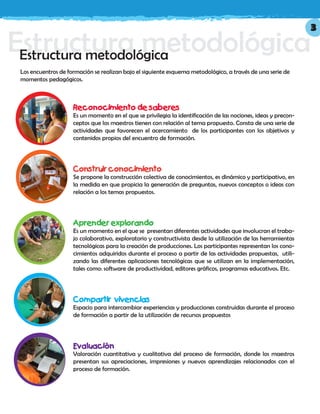 Estructura metodológicaEstructura metodológica
Reconocimiento de saberes
Es un momento en el que se privilegia la identificación de las nociones, ideas y precon-
ceptos que los maestros tienen con relación al tema propuesto. Consta de una serie de
actividades que favorecen el acercamiento de los participantes con los objetivos y
contenidos propios del encuentro de formación.
Construir conocimiento
Se propone la construcción colectiva de conocimientos, es dinámico y participativo, en
la medida en que propicia la generación de preguntas, nuevos conceptos o ideas con
relación a los temas propuestos.
Aprender explorando
Es un momento en el que se presentan diferentes actividades que involucran el traba-
jo colaborativo, exploratorio y constructivista desde la utilización de las herramientas
tecnológicas para la creación de producciones. Los participantes representan los cono-
cimientos adquiridos durante el proceso a partir de las actividades propuestas, utili-
zando las diferentes aplicaciones tecnológicas que se utilizan en la implementación,
tales como: software de productividad, editores gráficos, programas educativos. Etc.
Compartir vivencias
Espacio para intercambiar experiencias y producciones construidas durante el proceso
de formación a partir de la utilización de recursos propuestos
Evaluación
Valoración cuantitativa y cualitativa del proceso de formación, donde los maestros
presentan sus apreciaciones, impresiones y nuevos aprendizajes relacionados con el
proceso de formación.
Los encuentros de formación se realizan bajo el siguiente esquema metodológico, a través de una serie de
momentos pedagógicos.
3
 
