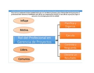 ¿Cuál es el rol principal de un profesional en el desarrollo de proyectos basados en una excelente gestión de proyectos?
E...