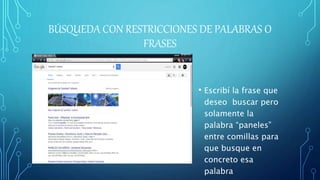 BÚSQUEDA CON RESTRICCIONES DE PALABRAS O
FRASES
• Escribí la frase que
deseo buscar pero
solamente la
palabra “paneles”
entre comillas para
que busque en
concreto esa
palabra
 