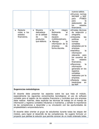 59
nuevos saldos.
Enuncia normas
NIC/NIIF y NIIF
para PYMES
para la
elaboración de
los estados
financieros.
 Redacta
notas a los
estados
financieros.
 Muestra
delicadeza
en la calidad
de los
productos
que elabora.
 Se integra
fácilmente al
trabajo en
equipos
multidisciplinario.
 Maneja la
información de la
empresa de
forma discreta.
Emplea técnicas
de redacción y
ortografía.
Interpreta las
políticas y
normas
contables
adoptadas por la
empresa.
Identifica la
información
relevante para
los usuarios de
los estados
financieros.
Reconoce la
información
generada en los
registros
contables
realizados por la
empresa.
Redacta notas
basándose en
las NIIF.
Sugerencias metodológicas
El docente debe presentar los aspectos sobre los que trata el módulo,
especialmente los siguientes conocimientos tecnológicos: el uso de software
contable para el registro de los estados financieros y controles que una empresa
debe realizar. Además, debe explicitar las técnicas de trabajo en el manejo de
información y registros contables tributarios e inventarios, y señalar la importancia
de las competencias a desarrollar y su vinculación con las oportunidades de
empleabilidad o emprendedurismo.
El docente debe orientar al grupo de estudiantes durante todas las etapas del
módulo, para lograr el desarrollo de las competencias. Se sugiere formular un
proyecto que plantee la solución que permita conocer de un modo ordenado todas
 