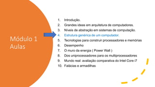 Módulo 1
Aulas
1. Introdução.
2. Grandes ideas em arquitetura de computadores.
3. Níveis de abstração em sistemas de computação.
4. Estrutura genérica de um computador.
5. Tecnologias para construir processadores e memórias
6. Desempenho
7. O muro da energia ( Power Wall )
8. Dos uniprocessadores para os multiprocessadores
9. Mundo real: avaliação comparativa do Intel Core i7
10. Falácias e armadilhas
 