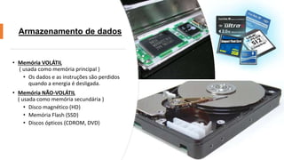 Armazenamento de dados
• Memória VOLÁTIL
( usada como memória principal )
• Os dados e as instruções são perdidos
quando a energia é desligada.
• Memória NÃO-VOLÁTIL
( usada como memória secundária )
• Disco magnético (HD)
• Memória Flash (SSD)
• Discos ópticos (CDROM, DVD)
 