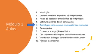 Módulo 1
Aulas
1. Introdução.
2. Grandes ideas em arquitetura de computadores.
3. Níveis de abstração em sistemas de computação.
4. Estrutura genérica de um computador.
5. Tecnologias para construir processadores e memórias
6. Desempenho
7. O muro da energia ( Power Wall )
8. Dos uniprocessadores para os multiprocessadores
9. Mundo real: avaliação comparativa do Intel Core i7
10. Falácias e armadilhas
 