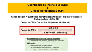 Quantidade de Instruções (QDI)
e
Clocks por Instrução (CPI)
• Quantidade de instruções para um programa:
• Determinado pelo programa, pela ISA e pelo compilador.
• CPI médio
• Determinado pelo hardware da CPU;
• Se instruções diferentes tiverem CPI diferentes:
• O CPI médio é afetado pelo mix de instruções.
Ciclos de clock = Quantidade de instruções x Média dos Ciclos Por Instrução
Ciclos de clock = QDI x CPI
Tempo de CPU = QDI x CPI x Tempo do Ciclo de Clock
Tempo da CPU =
Taxa do Clock (frequência)
QDI x CPI
 