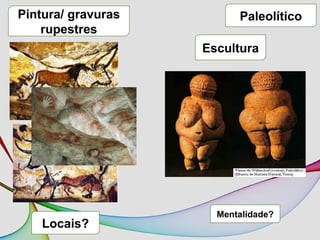 Paleolítico
Pintura/ gravuras
rupestres
Locais?
Escultura
Mentalidade?
 