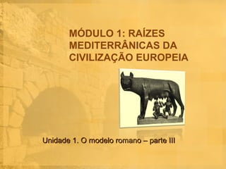 MÓDULO 1: RAÍZES
       MEDITERRÂNICAS DA
       CIVILIZAÇÃO EUROPEIA




Unidade 1. O modelo romano – parte III
 