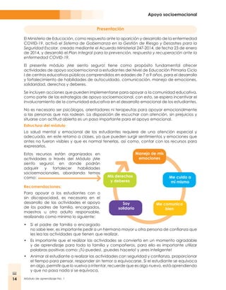 14 Módulo de aprendizaje No. 1
Apoyo socioemocional
Presentación
El Ministerio de Educación, como respuesta ante la aparición y desarrollo de la enfermedad
COVID-19, activó el Sistema de Gobernanza en la Gestión de Riesgo y Desastres para la
Seguridad Escolar, creado mediante el Acuerdo Ministerial 247-2014, de fecha 23 de enero
de 2014, y desarrolló el Plan Integral para la prevención, respuesta y recuperación ante la
enfermedad COVID-19.
El presente módulo ¡Me siento seguro! tiene como propósito fundamental ofrecer
actividades de apoyo socioemocional a estudiantes del Nivel de Educación Primaria Ciclo
I de centros educativos públicos comprendidos en edades de 7 a 9 años, para el desarrollo
y fortalecimiento de habilidades de autocuidado, comunicación, manejo de emociones,
solidaridad, derechos y deberes.
Se incluyen acciones que pueden implementarse para apoyar a la comunidad educativa,
como parte de las estrategias de apoyo socioemocional, con esto, se espera incentivar el
involucramiento de la comunidad educativa en el desarrollo emocional de los estudiantes.
No es necesario ser psicólogos, orientadores ni terapeutas para apoyar emocionalmente
a las personas que nos rodean. La disposición de escuchar con atención, sin prejuicios y
situarse con actitud abierta es un paso importante para el apoyo emocional.
Estructura del módulo
La salud mental y emocional de los estudiantes requiere de una atención especial y
adecuada, en este retorno a clases, ya que pueden surgir sentimientos y emociones que
antes no fueron visibles y que es normal tenerlas, así como, contar con los recursos para
expresarlos.
Estos recursos están organizados en
actividades a través del Módulo ¡Me
siento seguro!, en donde podrán
adquirir y fortalecer habilidades
socioemocionales, abordando temas
como:
Recomendaciones:
Para apoyar a los estudiantes con o
sin discapacidad, es necesario en el
desarrollo de las actividades el apoyo
de los padres de familia, encargados,
maestros u otro adulto responsable,
realizando como mínimo lo siguiente:
•	 Si el padre de familia o encargado
no sabe leer, es importante pedir a un hermano mayor u otra persona de confianza que
les lea las actividades que tienen que realizar.
•	 Es importante que el realizar las actividades se convierta en un momento agradable
y de aprendizaje para toda la familia y compañeros, para ello es importante utilizar
palabras positivas como: ¡Tú puedes!, ¡puedes hacerlo! y ¡eres inteligente!
•	 Animar al estudiante a realizar las actividades con seguridad y confianza, proporcionar
el tiempo para pensar, responder sin temor a equivocarse. Si el estudiante se equivoca
en algo, permitir que lo vuelva a intentar, recuerde que es algo nuevo, está aprendiendo
y que no pasa nada si se equivoca.
Manejo de mis
emociones
Me cuido a
mí mismo
Me comunico
bien
Soy
solidario
Mis derechos
y deberes
 