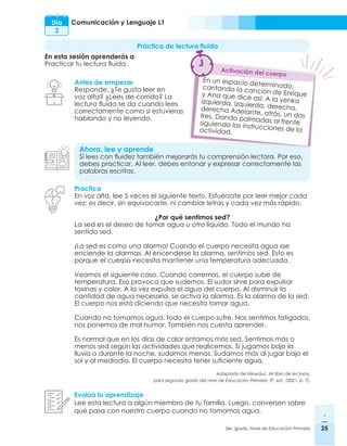 25
3er. grado, Nivel de Educación Primaria 25
Comunicación y Lenguaje L1
Día
2
Práctica de lectura fluida
En esta sesión aprenderás a
Practicar tu lectura fluida.
Antes de empezar
Responde: ¿Te gusta leer en
voz alta? ¿Lees de corrido? La
lectura fluida se da cuando lees
correctamente como si estuvieras
hablando y no leyendo.
Ahora, lee y aprende
Si lees con fluidez también mejorarás tu comprensión lectora. Por eso,
debes practicar. Al leer, debes entonar y expresar correctamente las
palabras escritas.
Practica
En voz alta, lee 5 veces el siguiente texto. Esfuérzate por leer mejor cada
vez; es decir, sin equivocarte, ni cambiar letras y cada vez más rápido.
¿Por qué sentimos sed?
La sed es el deseo de tomar agua u otro líquido. Todo el mundo ha
sentido sed.
¡La sed es como una alarma! Cuando el cuerpo necesita agua «se
enciende la alarma». Al encenderse la alarma, sentimos sed. Esto es
porque el cuerpo necesita mantener una temperatura adecuada.
Veamos el siguiente caso. Cuando corremos, el cuerpo sube de
temperatura. Eso provoca que sudemos. El sudor sirve para expulsar
toxinas y calor. A la vez expulsa el agua del cuerpo. Al disminuir la
cantidad de agua necesaria, se activa la alarma. Es la alarma de la sed.
El cuerpo nos está diciendo que necesita tomar agua.
Cuando no tomamos agua, todo el cuerpo sufre. Nos sentimos fatigados,
nos ponemos de mal humor. También nos cuesta aprender.
Es normal que en los días de calor sintamos más sed. Sentimos más o
menos sed según las actividades que realicemos. Si jugamos bajo la
lluvia o durante la noche, sudamos menos. Sudamos más al jugar bajo el
sol y al mediodía. El cuerpo necesita tener suficiente agua.
Adaptado de Mineduc. Mi libro de lecturas,
para segundo grado del nivel de Educación Primaria. 3ª. ed. (2021. p. 7).
Evalúa tu aprendizaje
Lee esta lectura a algún miembro de tu familia. Luego, conversen sobre
qué pasa con nuestro cuerpo cuando no tomamos agua.
En un espacio determinado,
cantando la canción de Enrique
y Ana que dice así: A la yenka
izquierda, izquierda, derecha,
derecha Adelante, atrás, un dos
tres. Dando palmadas al frente
siguiendo las instrucciones de la
actividad.
Activación del cuerpo
 